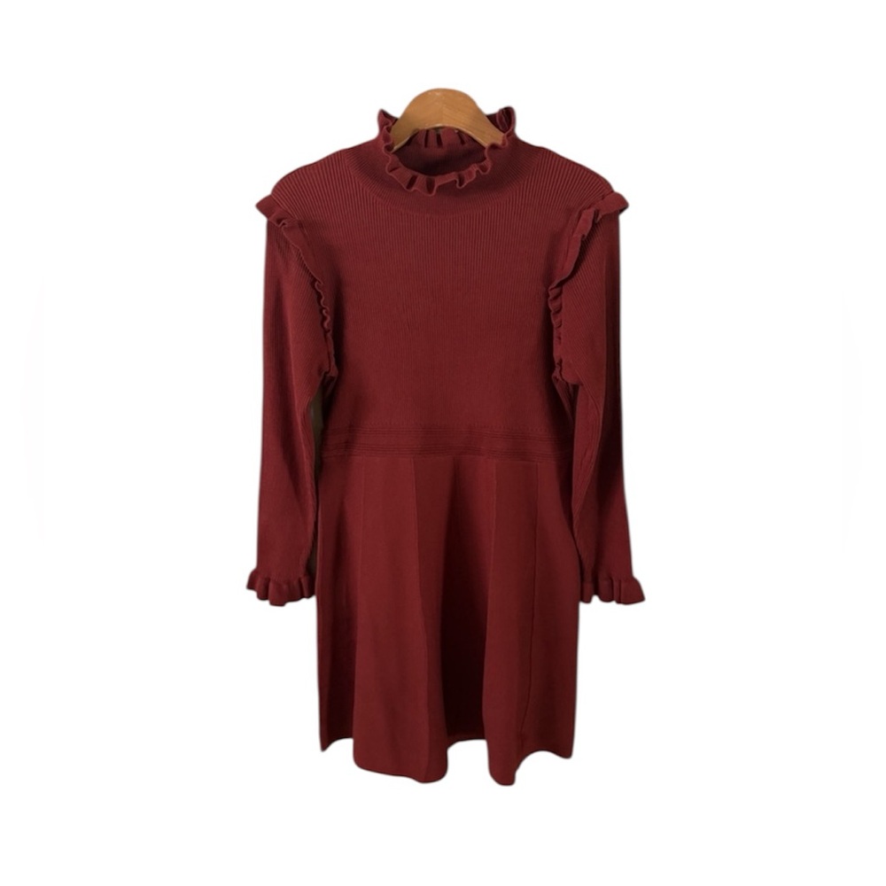 Hailey Lyn Burgundy Mock Neck Ribbed Ruffle Detail Long Sleeve Maroon Mini Dress